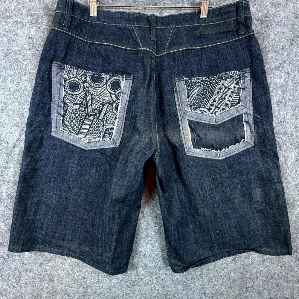 Marithe Francois Girbaud Baggy Shorts Mens 40 Blue Denim Embroidered Patches